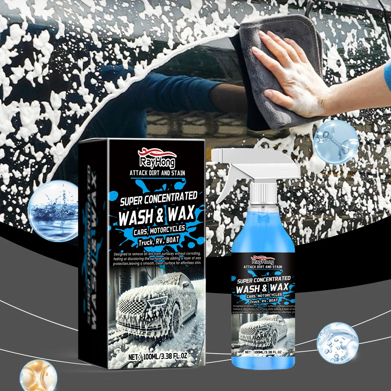 

Rayhong 100 мл пенящееся очиститель для автомойки, уход за краской автомобиля, удаление пятен, грязи, полировка краски, чистка мотоцикла, жидкость для автомойки