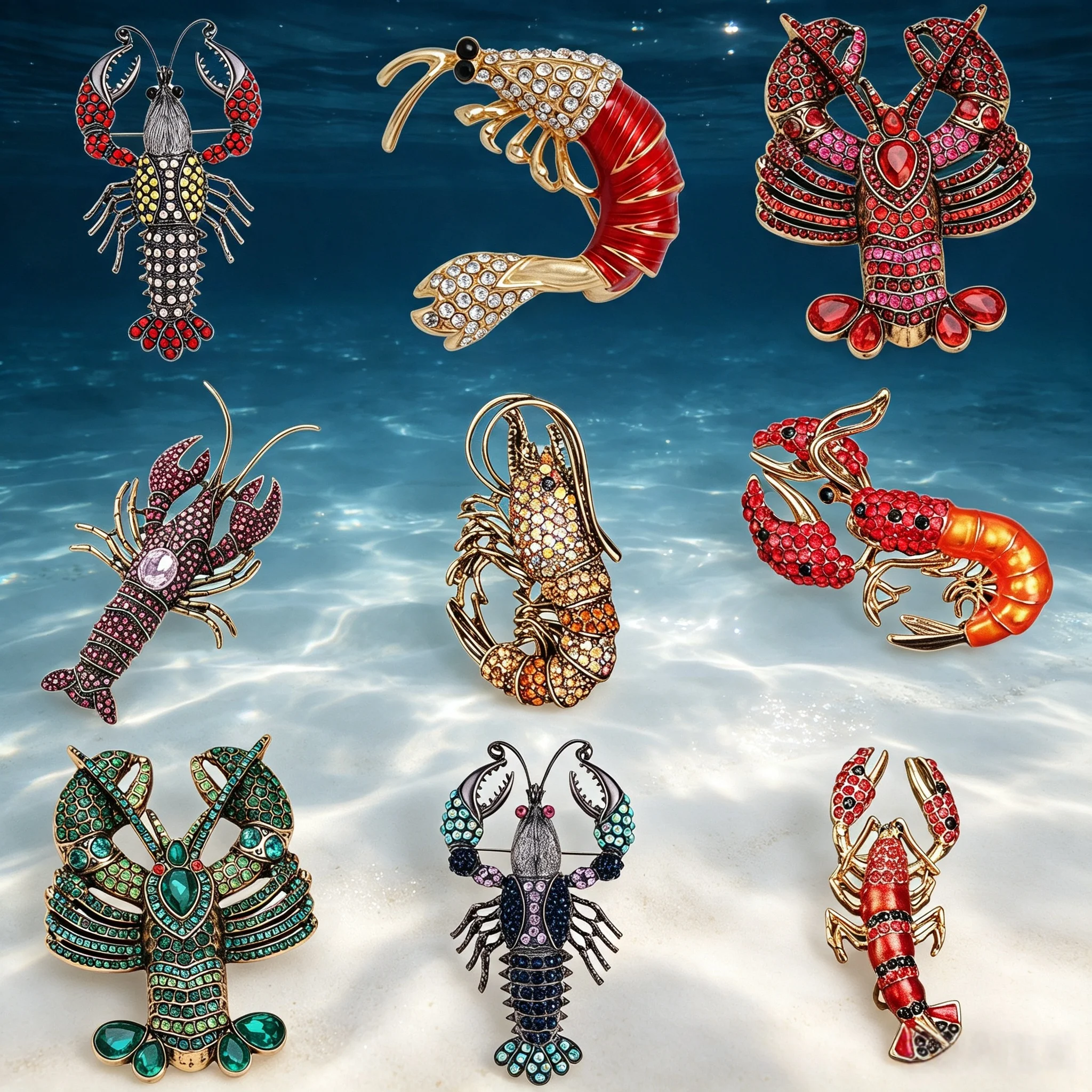 Essh&Pule Lobster Shrimp Sea Animal Brooch Pin, Vintage Enamel Crystal Rhinestone Jewelry, Women Fashion Gift Lapel Pin