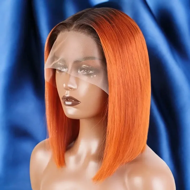 

Оранжевый прямой короткий парик Боб из человеческих волос, кружевные фронтальные парики для женщин, кружевной передний парик Боб