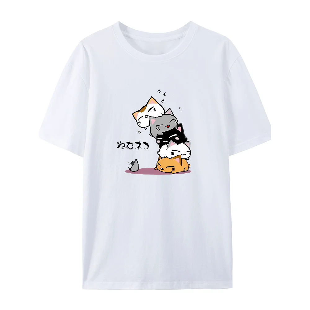 Urocze, układane na stosu śpiące koty, nadruk \"Nie widzę myszki\", graficzne koszulki, letnie, wygodne, damskie bawełniane T-shirty z okrągłym dekoltem, unisex top