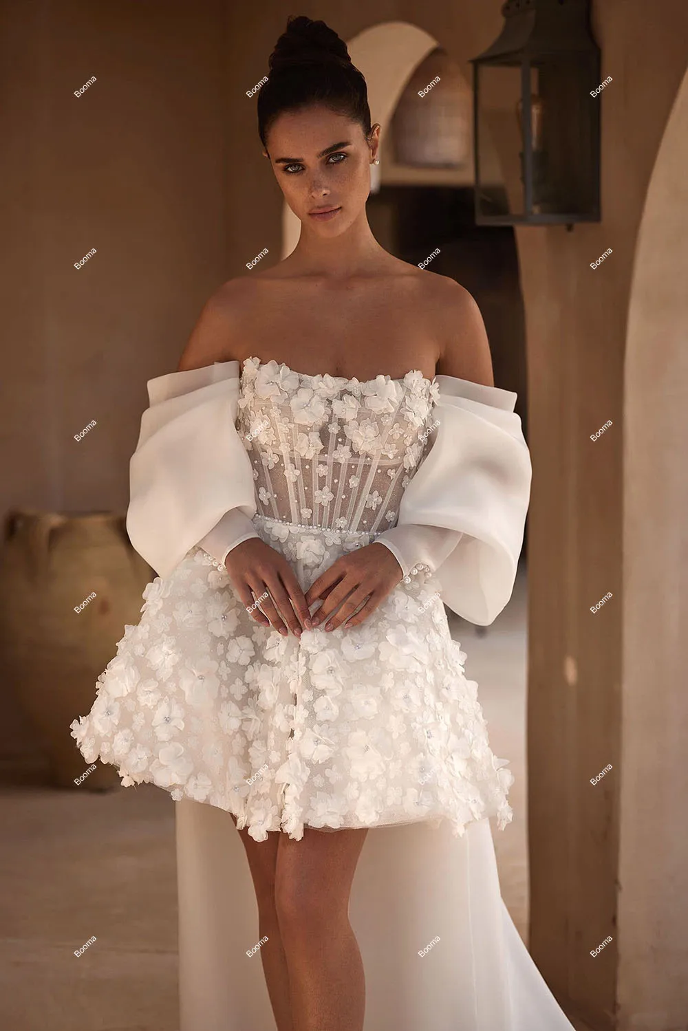 Booma-Robe de mariée courte A-ligne, robes de soirée de mariage, hors initié, fleurs 3D, robe de mariée en dentelle avec poignées, train amovible, tout ce qui est personnalisé