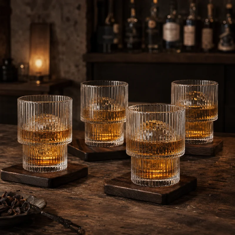 190ml Stackable Ribbed Glass Cup Set 2/4PCS Available Vertical Stripe Design Saves Space Great for Whiskey Iced Coffee Juice Tea - view 5