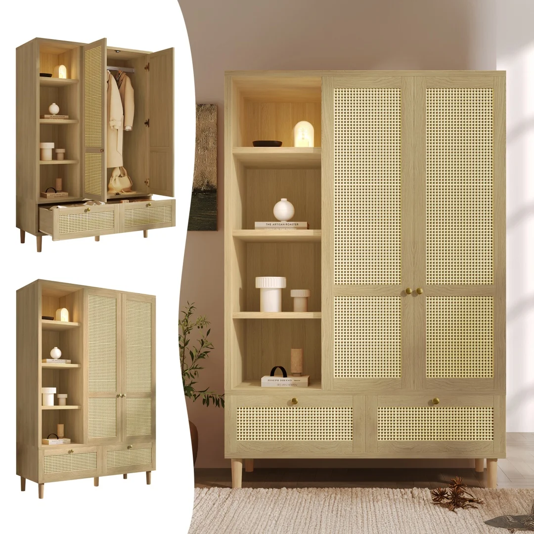 Armario ropero con 2 puertas y mimbre, estilo rústico con acabado en roble, estantería abierta, compartimentos para guardar, barra para colgar ropa, 2 cajones, sistema antivuelco, 180x120x50 cm (H/B/T)
