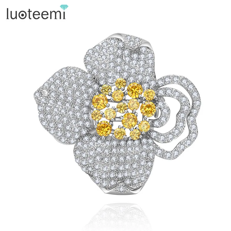 LUOTEEMI 3 Colors Big Flower Cubic Zirconia Brooches for Women Brilliant Clear Pink Crystal Cloth Accessories Wedding Jewelry