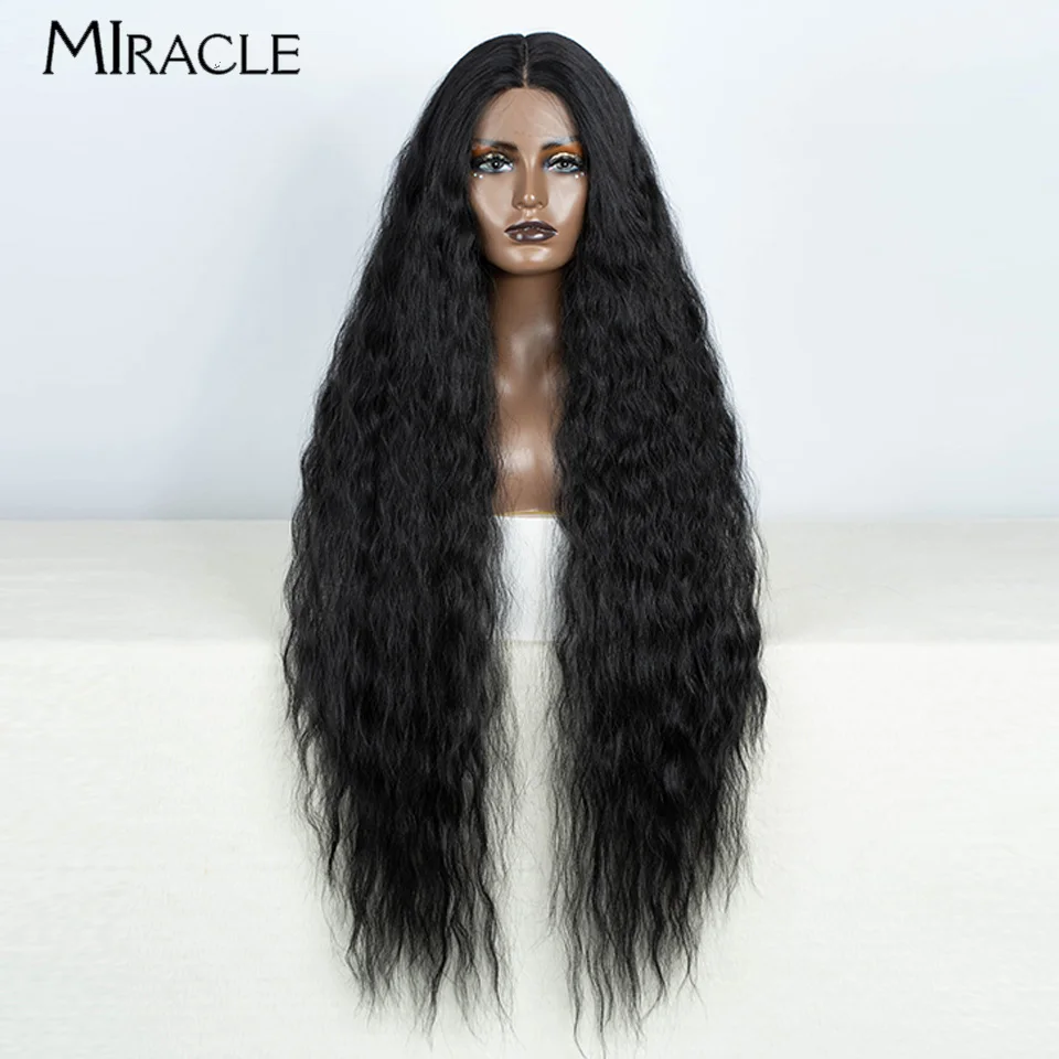 

MIRACLE Synthetic 40 Inch Lace Frontal Wig For Women Super Long Curly Lace Wigs Heat Resistant Ombre Brown Cosplay Wig