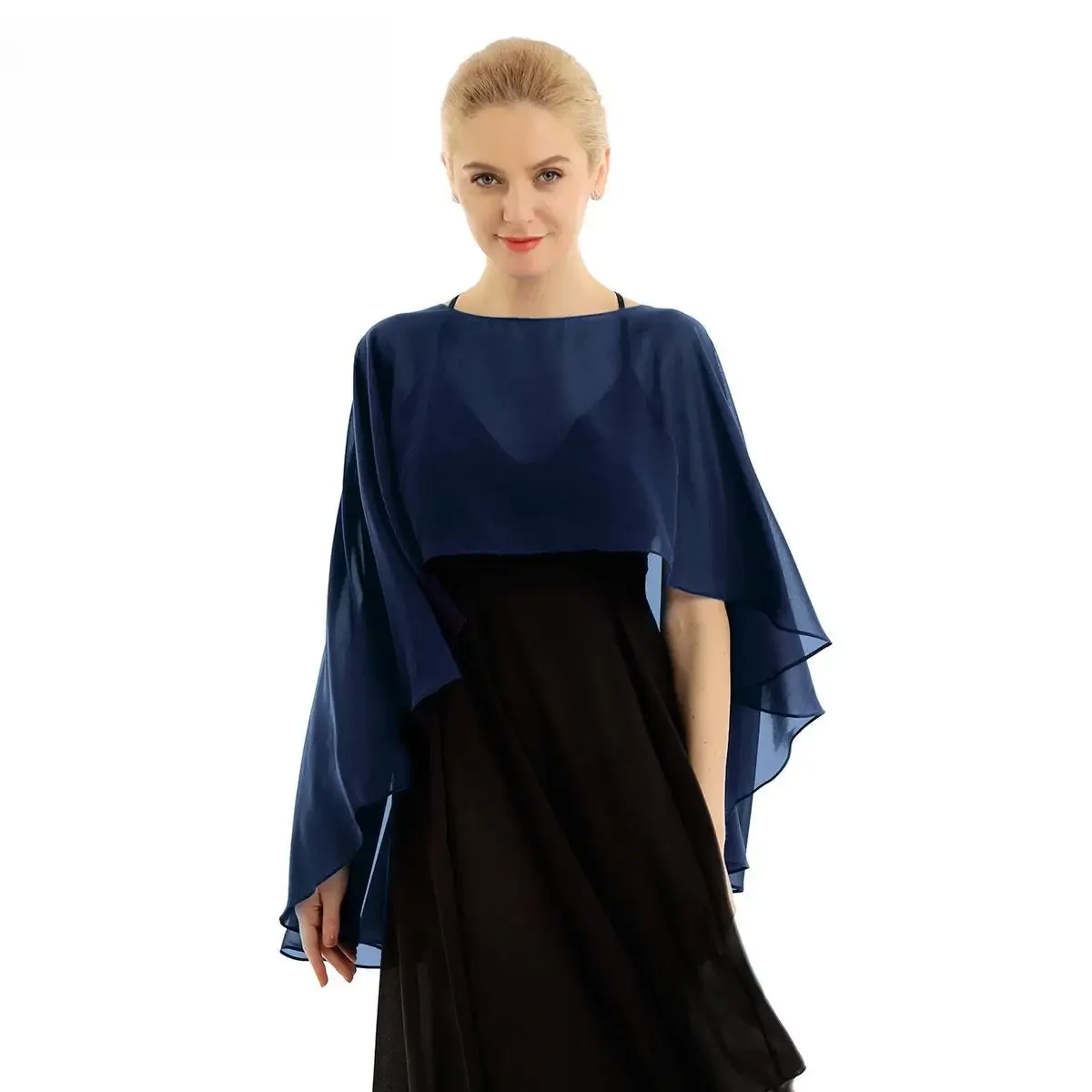 Femmes doux en mousseline de soie solide pull Capes châle salut-bas ourlet mince haussement d'épaules mariage mariée demoiselle d'honneur soirée bal robe de soirée Ponchos