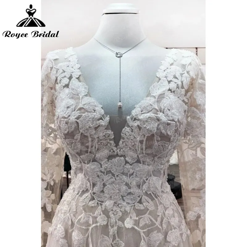 Exquisite V-neck Full Cap Sleeve Sexy Back Button Lace Appliques A-Line Wedding Dress Tulle Bridal Gown Sweep Boho vestidos robe