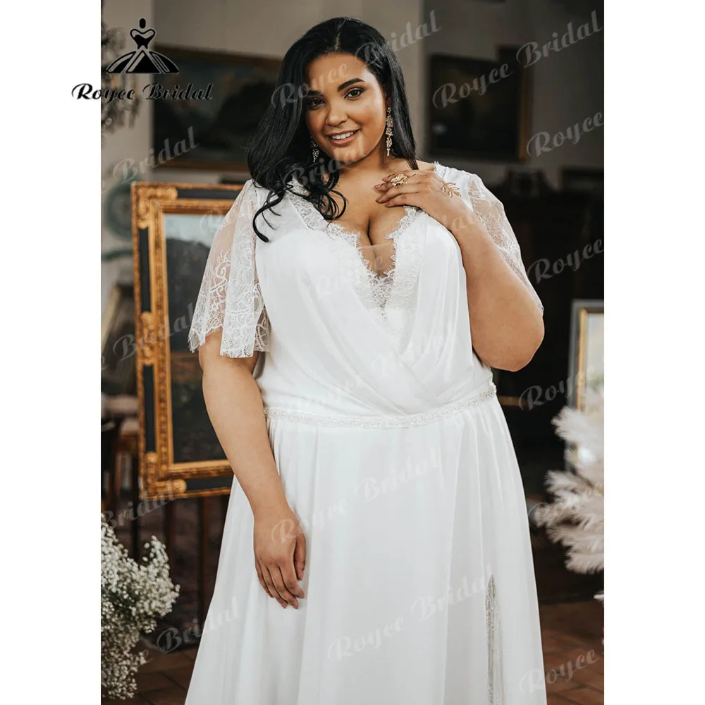 Vestido de casamento com decote em v feminino, vestido de chiffon, tamanho grande, renda para cílios, vestido de noiva para noiva, roupão sexy, tamanho grande, 2024