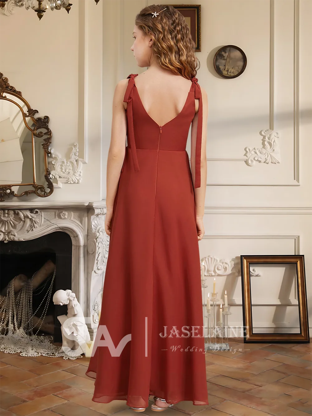 เด็ก A Line V คอชั้นยาวชีฟองชุดเพื่อนเจ้าสาวยูเนี่ยนชุดสาวดอกไม้ชุดสาวงานแต่งงานอย่างเป็นทางการโอกาสพิเศษ