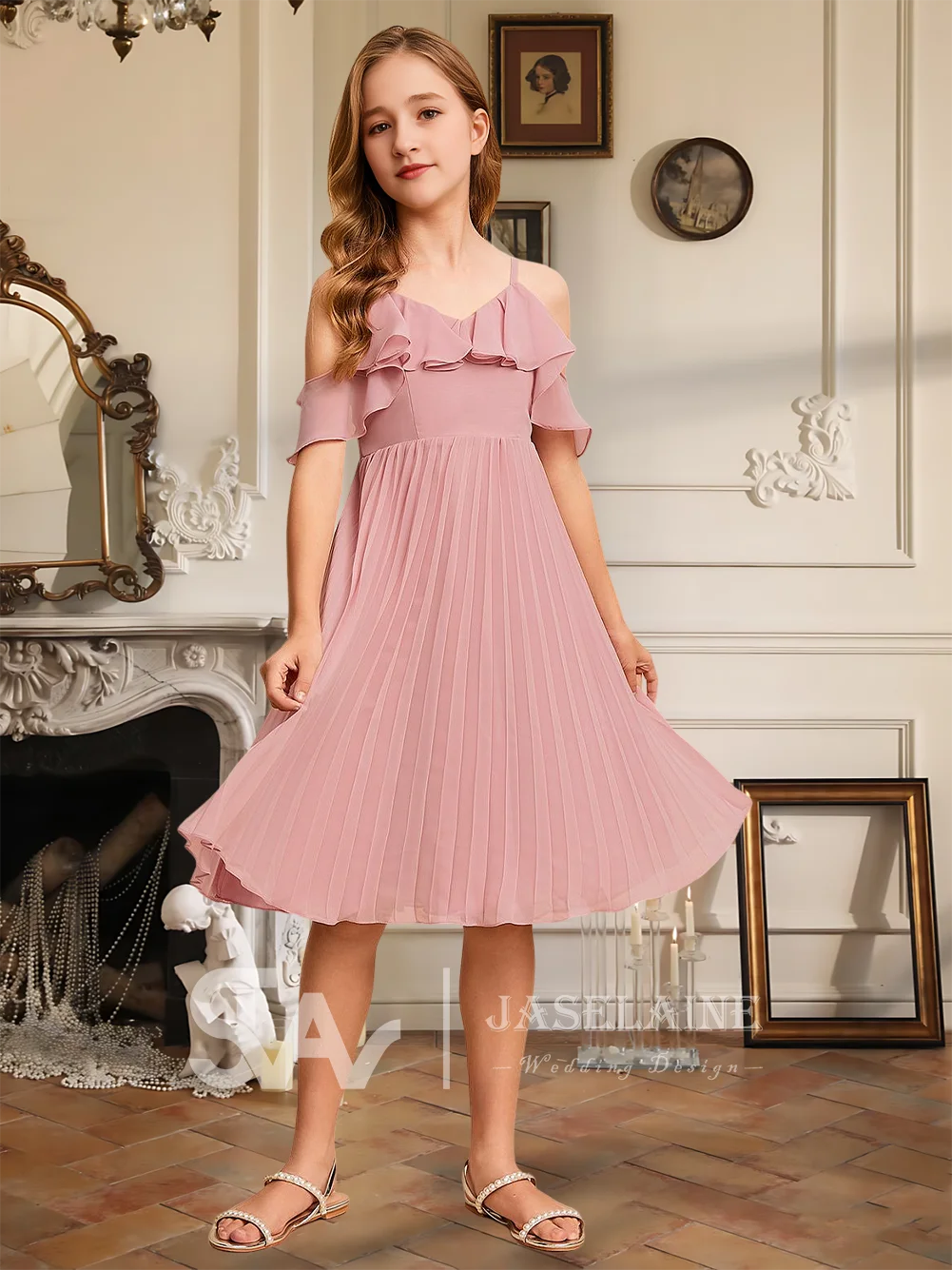 A Elegant A-Line Cold Shoulder Knee-Length Chiffon Junior Bridesmaid Dress Flower Girl Dress Girls Party Wedding Formal Special
