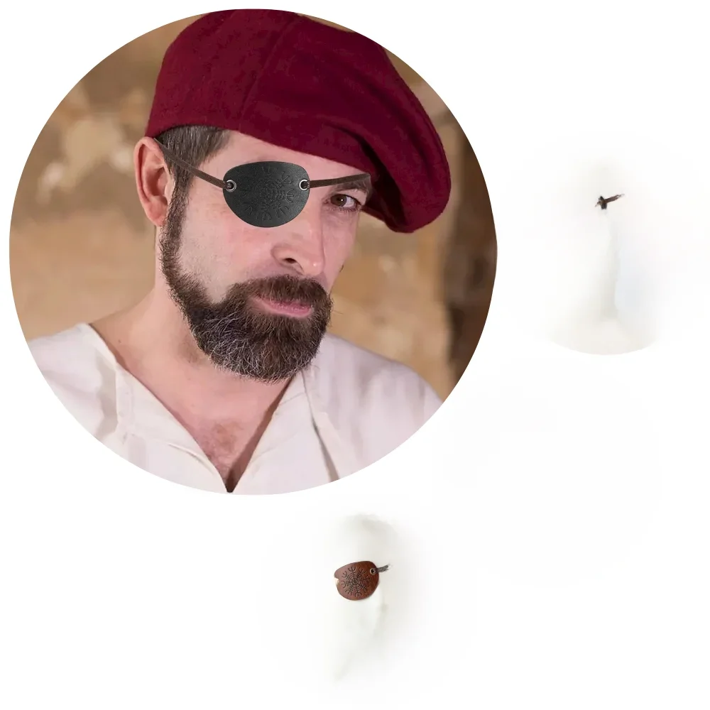 Średniowieczny piracki czarny skórzany pokrowiec na oko Vintage rekwizyty do Cosplay z regulowaną liną karnawałowe akcesoria do kostiumów na Halloween — zdjęcie 2