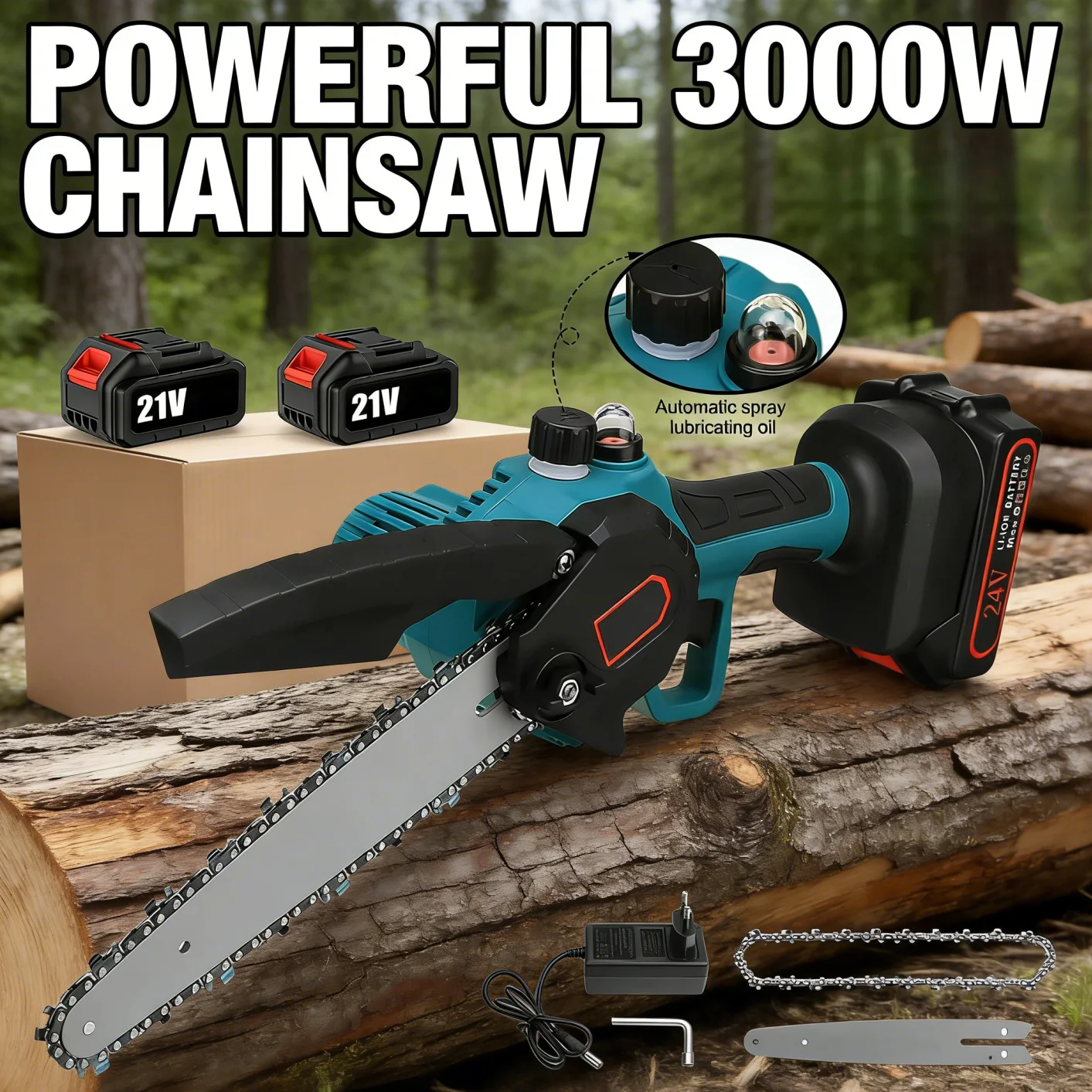 Mini tronçonneuse électrique 3000W 8 pouces 288V avec lubrificateur, batterie au lithium, outils électriques pour le travail du bois, la taille des arbres et le jardinage domestique