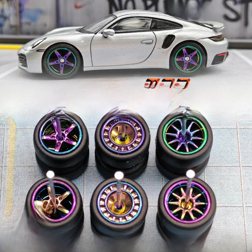 Roues jouet couleur caméléon avec pneus en caoutchouc, modèle de voiture moulé, pièces modifiées, 1 ensemble, 1/64