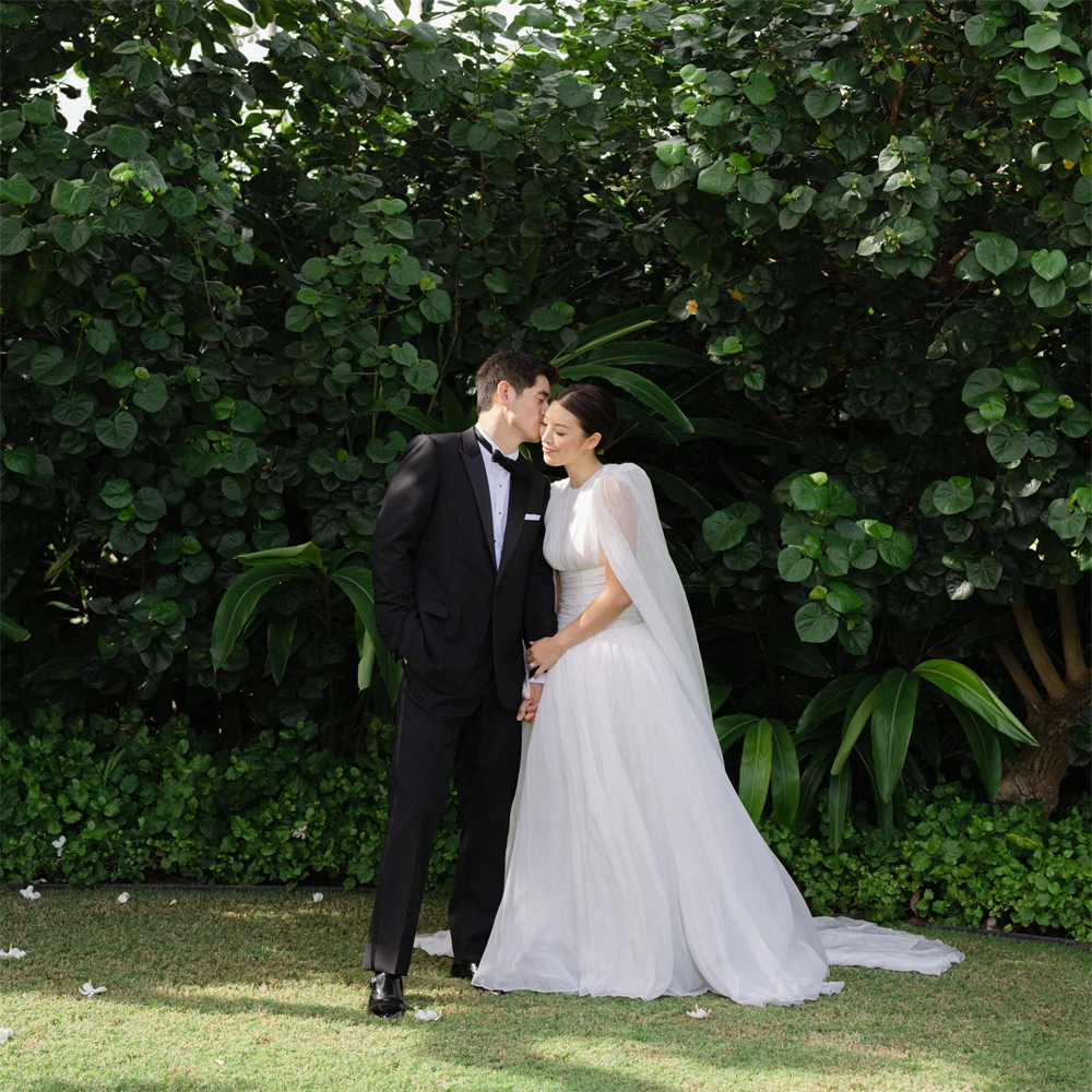 20090# Unique O-Neck Pleat Tulle A-line Wedding Dress For Bride Boho Sleeveless Bridal Gown With Cloak