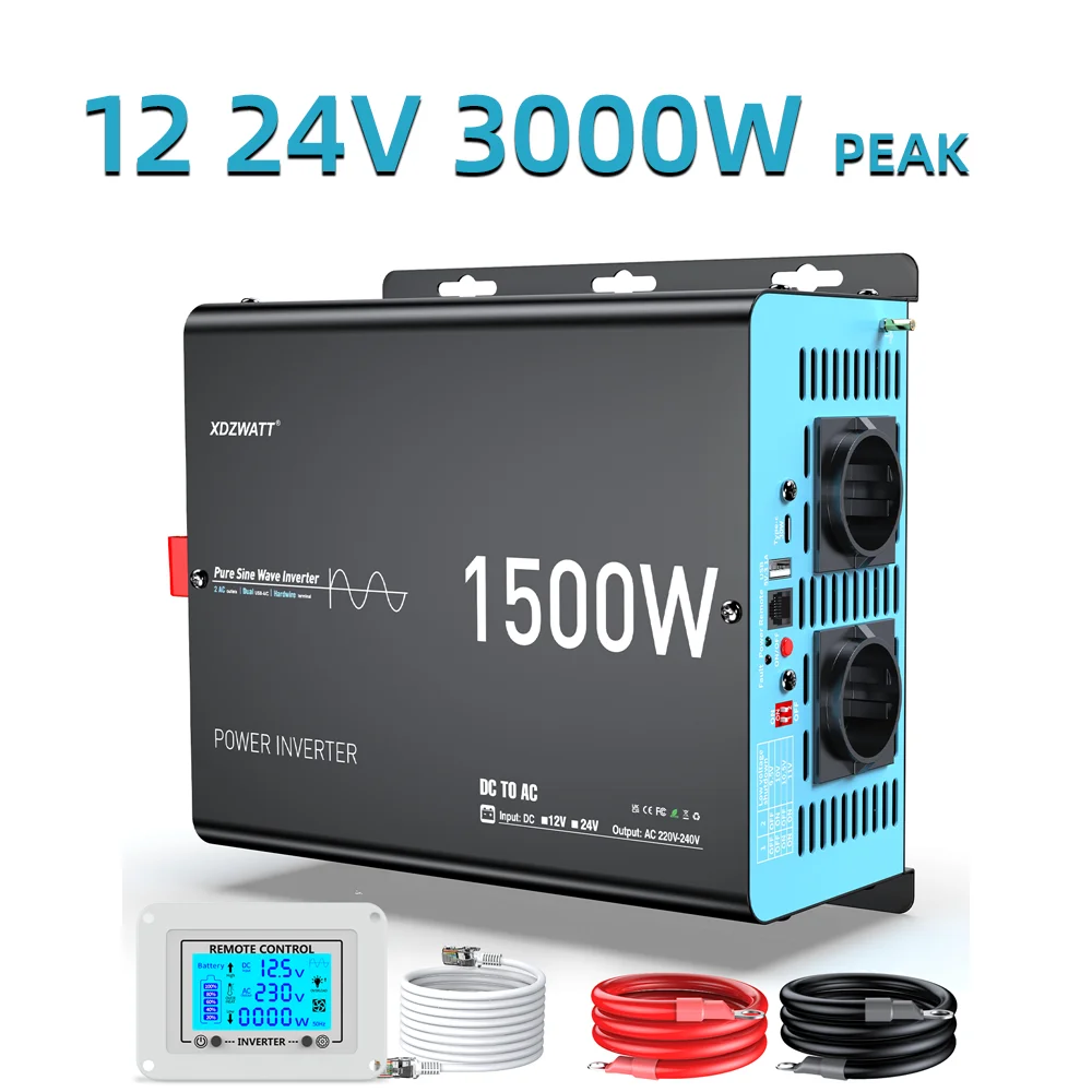 Reiner Sinus-Wechselrichter DC 12V 24V AC 230V 1500W Nennleistung 3000W Spitzenleistung LCD-Display Fernbedienung USB Typ-C für Wohnmobil-Stromversorgung