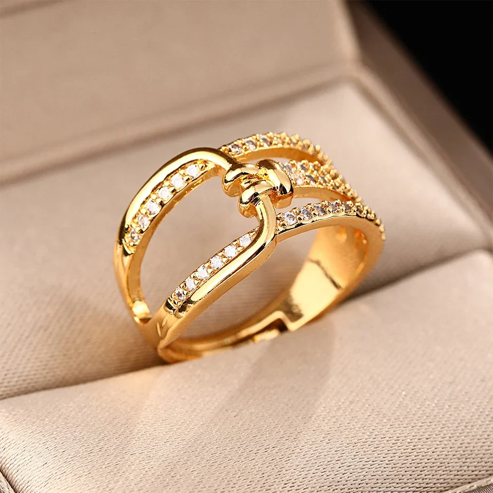 ZAKOL Fashion Double Layers Zircon Rings for Women Gold Color Plated Open Stainless Steel Ring Estetyczna biżuteria ślubna na imprezę — zdjęcie 2