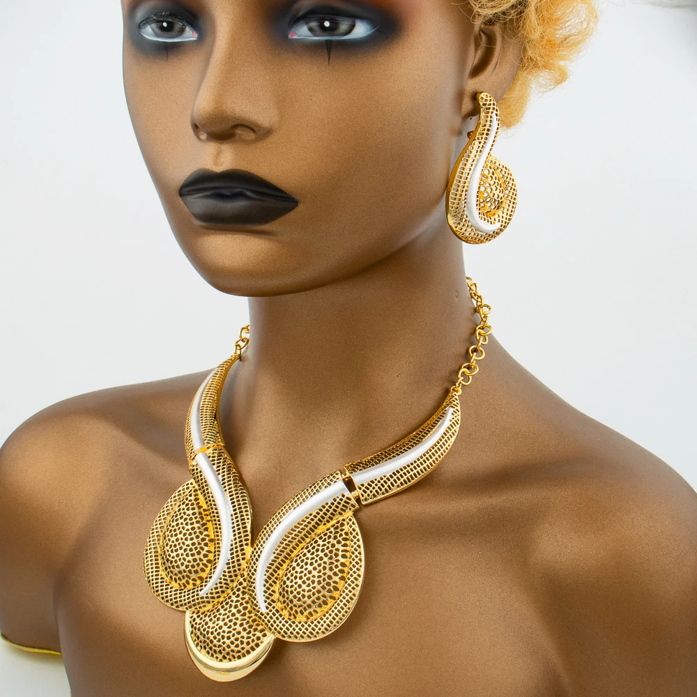 Fashion African Design Jewelry Set Lady Women Large Necklace Gold Color Earrings Luxury Bracelet Ring Jewelry Bridal Engagement