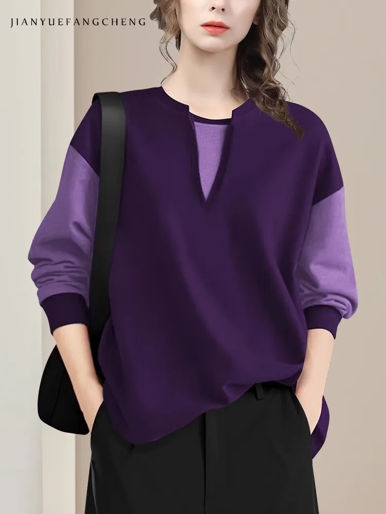 Color Blocking Female Purple Sports Casual Sweatshirt 2025 Spring New Long Sleeve V-Neck Loose Knitted Top Pullovers