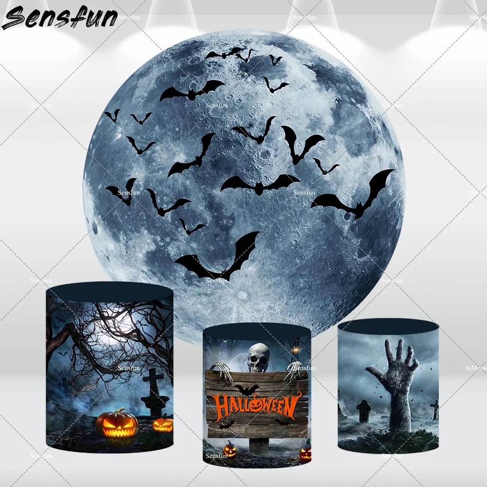 

Full Moon Night Bat Halloween Round Backdrop Cover for Kids Birthday Supplies Pumpkin Horror Skull theme Cylinder Covers Banner