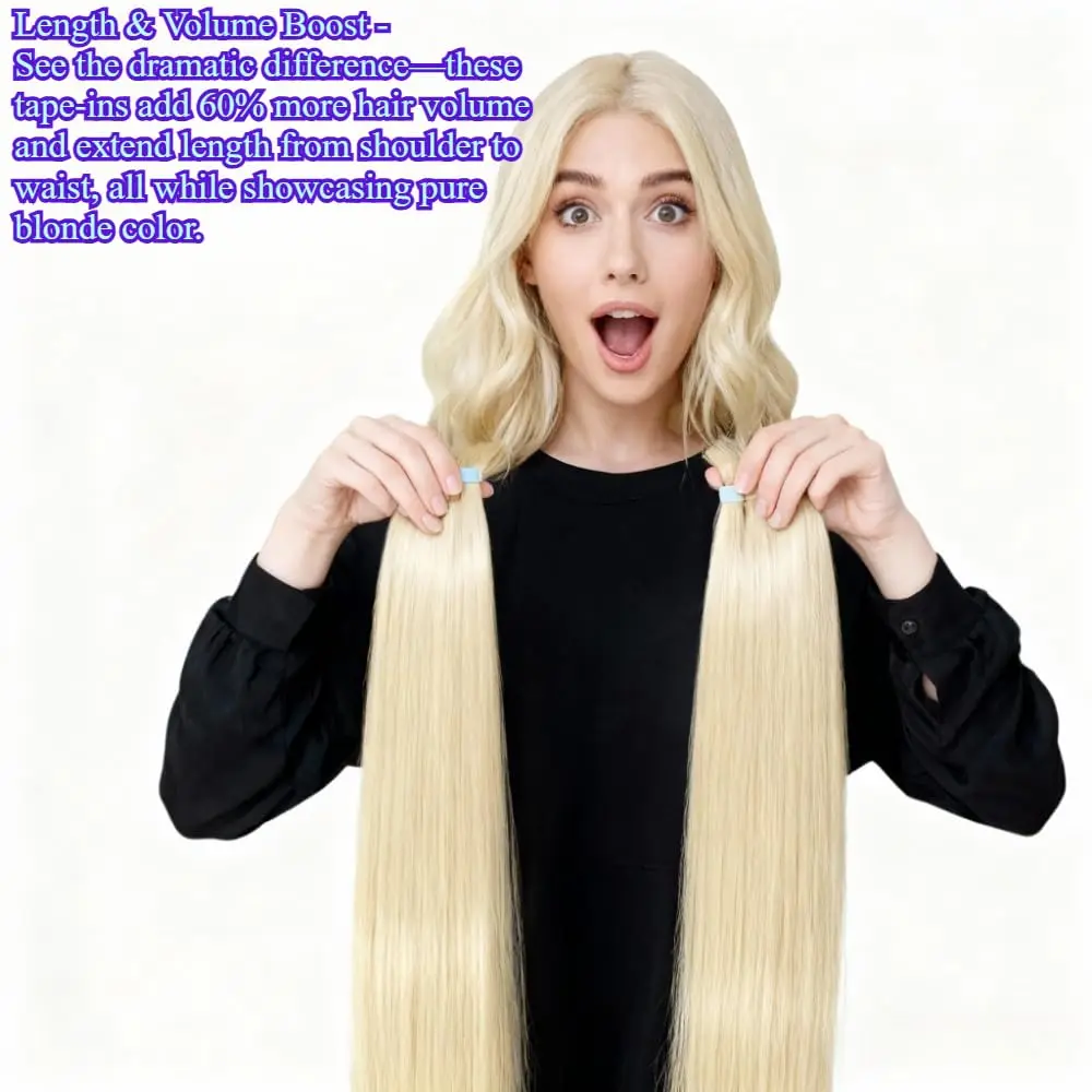 شريط أشقر في وصلات الشعر، شعر بشري بلاتيني # 613 شريط لحمة جلد مستقيم بدون خياطة في وصلات شعر بشري حقيقي 50 جرام #4