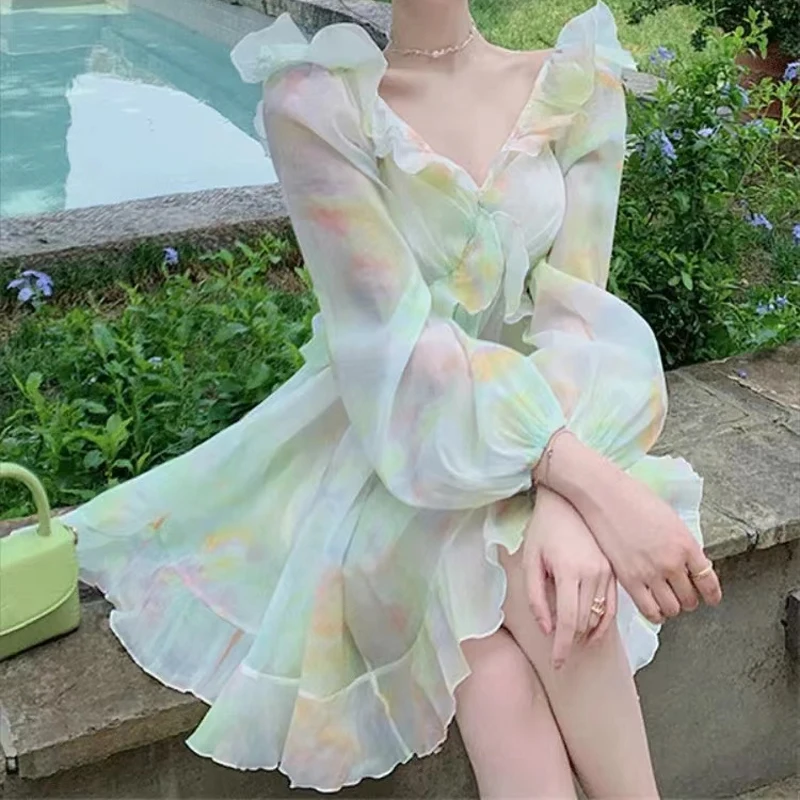 

France Sweet Tie-dyed Fairy Dress Women Elegant Chic Ruffles V-Neck Long Sleeve Princess Casual Beach Hollow A-line Vestidos