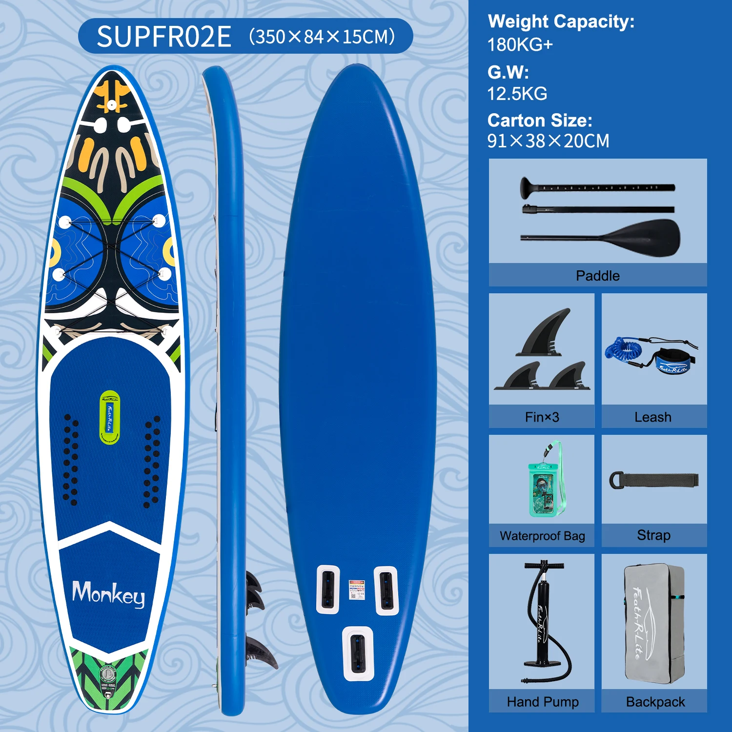 FunWater SUPFR01E 320cm-350cm Aufblasbares Stand-Up-Paddle-Board Surfbrett Komplettes Paddleboard-Zubehör Verstellbares Paddel, Pumpe, ISUP-Reiserucksack, Leash, Wasserdichte Tasche,