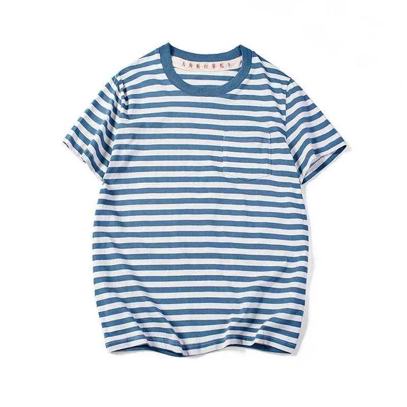 Vintage Breton Stripe Men's Short-Sleeved T-Shirt Round Neck Classic Sailor Shirt Pure Cotton Summer Casual Street Wear T-Shirt