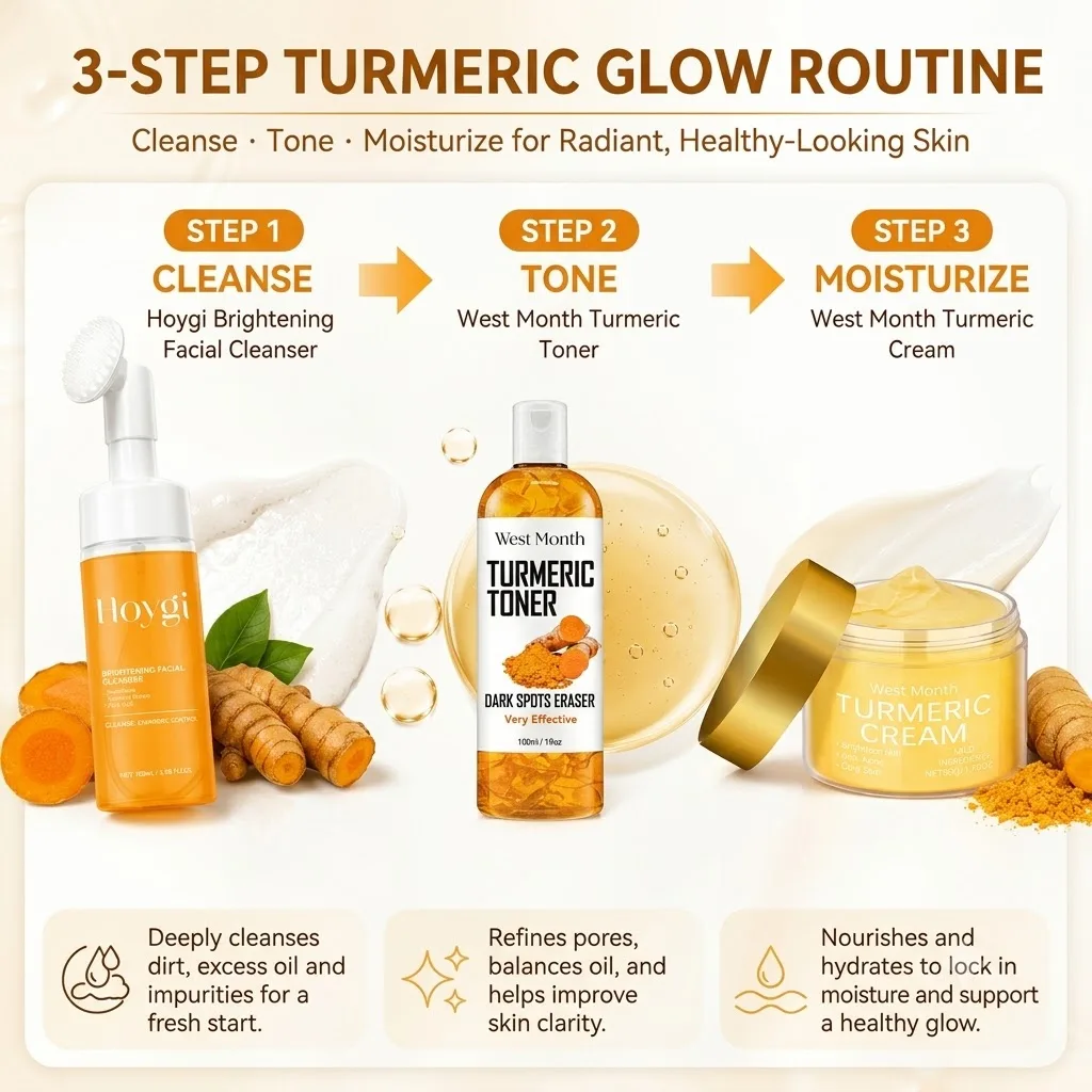 3pcs Turmeric Skin Care Set with Toner Facial Cleanser and Moisturizing Cream for Daily Care Long-Lasting Moisture Portable