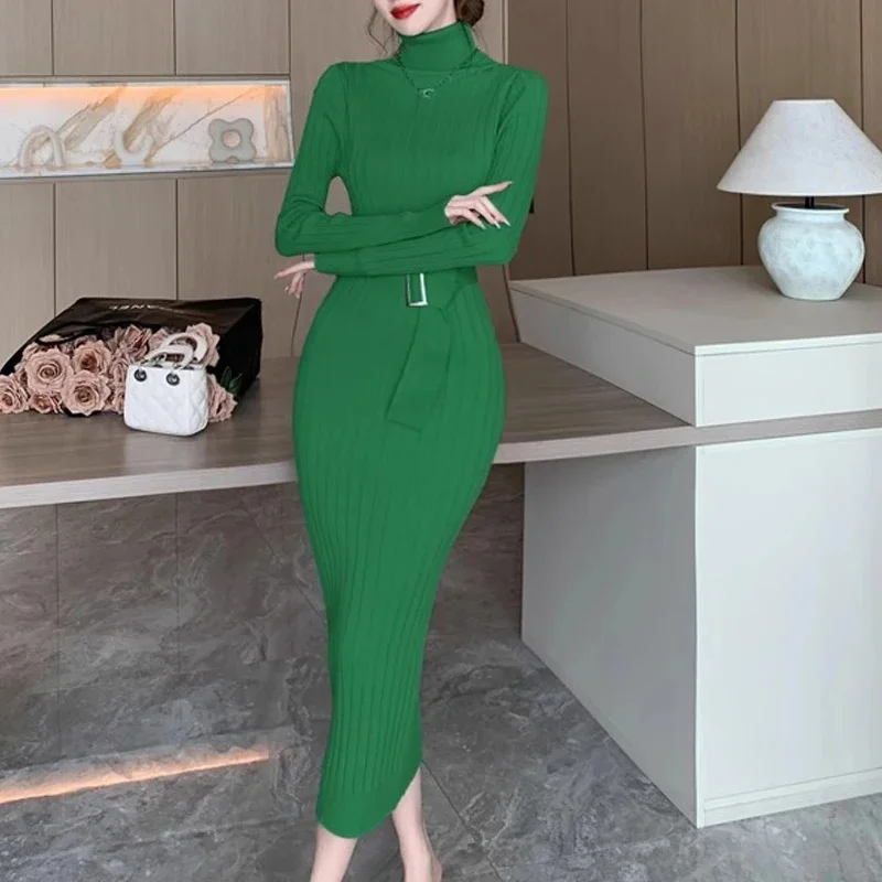 YuooMuoo Chic Fashion Sexy Package Hips Maxi Dress 2024 Jesienno-zimowa sukienka swetrowa z golfem i paskiem Lady Outfits Vestidos — zdjęcie 2
