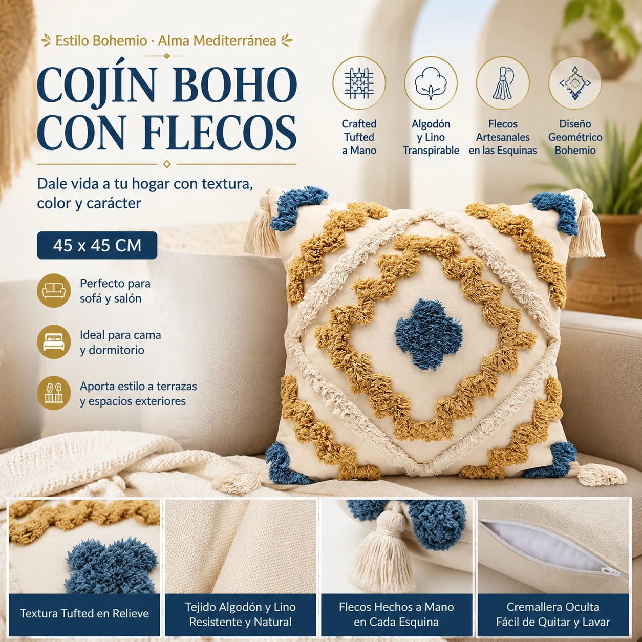 Coussin de style méditerranéen, fait main, en matériau naturel respirant avec décorations à franges et motif touffeté pour les environnements domestiques