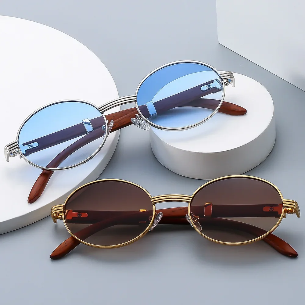 Nowe okulary przeciwsłoneczne Retro z imitacją drewna Męskie owalne okulary przeciwsłoneczne Trend w modzie damskiej Okulary przeciwsłoneczne z ochroną UV — zdjęcie 2