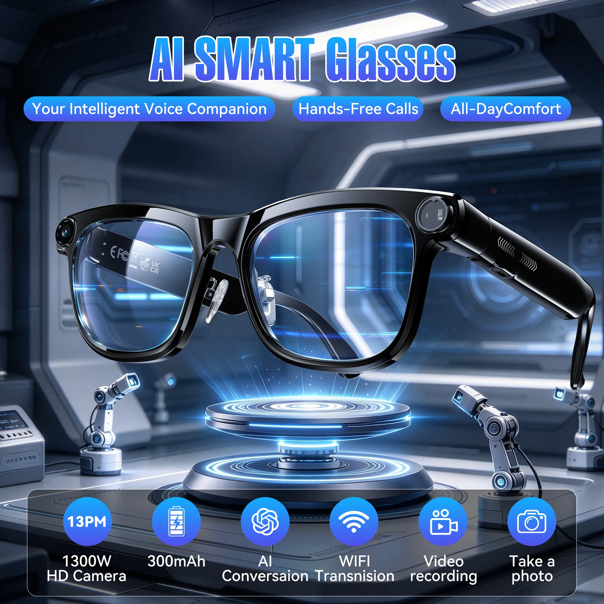 Lunettes intelligentes KAIGERR AI, 1300W pixels, 300mAh, caméra 4K, enregistrement vidéo, reconnaissance d'images, appels Bluetooth, traduction vocale, lunettes de soleil pour hommes et femmes, lunettes intelligentes