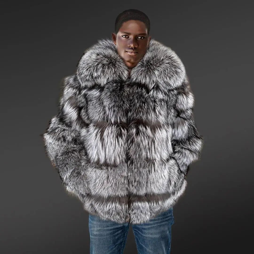 Fashion Men Natural Silver Fox Fur Jacket Turn-down Collar High Quality Wholeskin Genuine Fox Fur Coat Winter Thick Overcoats