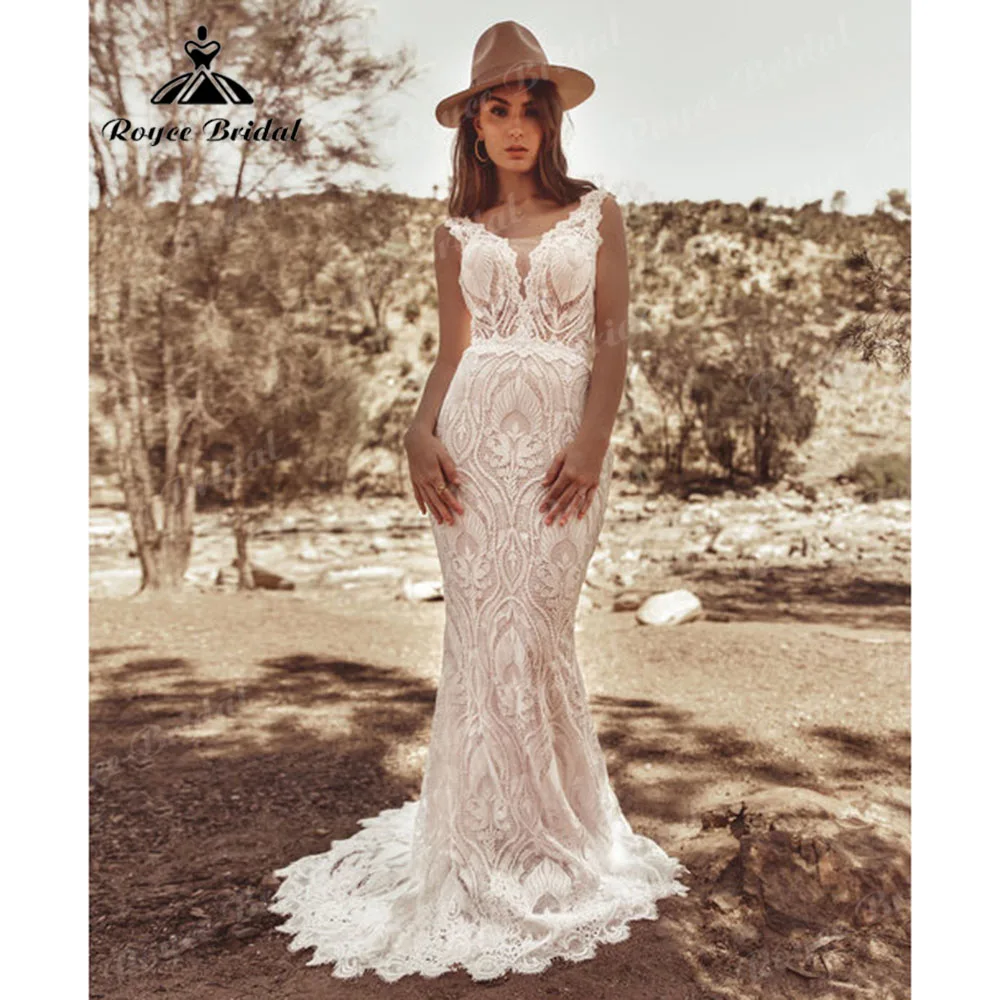 vestido casamento civil Backless Lace Boho Women Wedding Dress with V Neck 2024 Robe Rustic Elopement Bridal Gown Custom Made