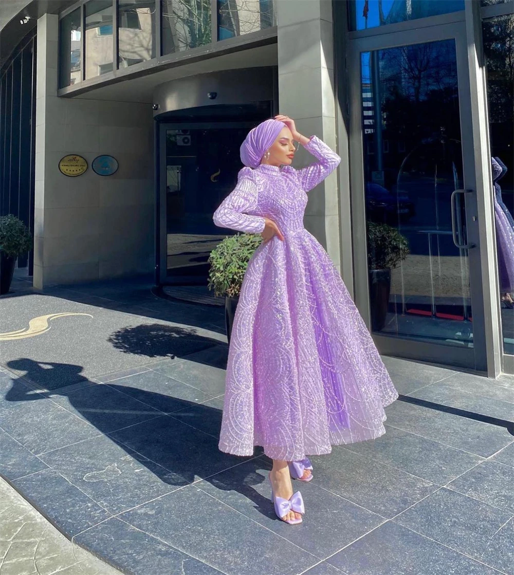 Sansa Customized Purple Pleats A-Line Beaded Prom Dress Long Sleeve High Neck Vestidos De Noche Ankle-Length Formal Evening 2025