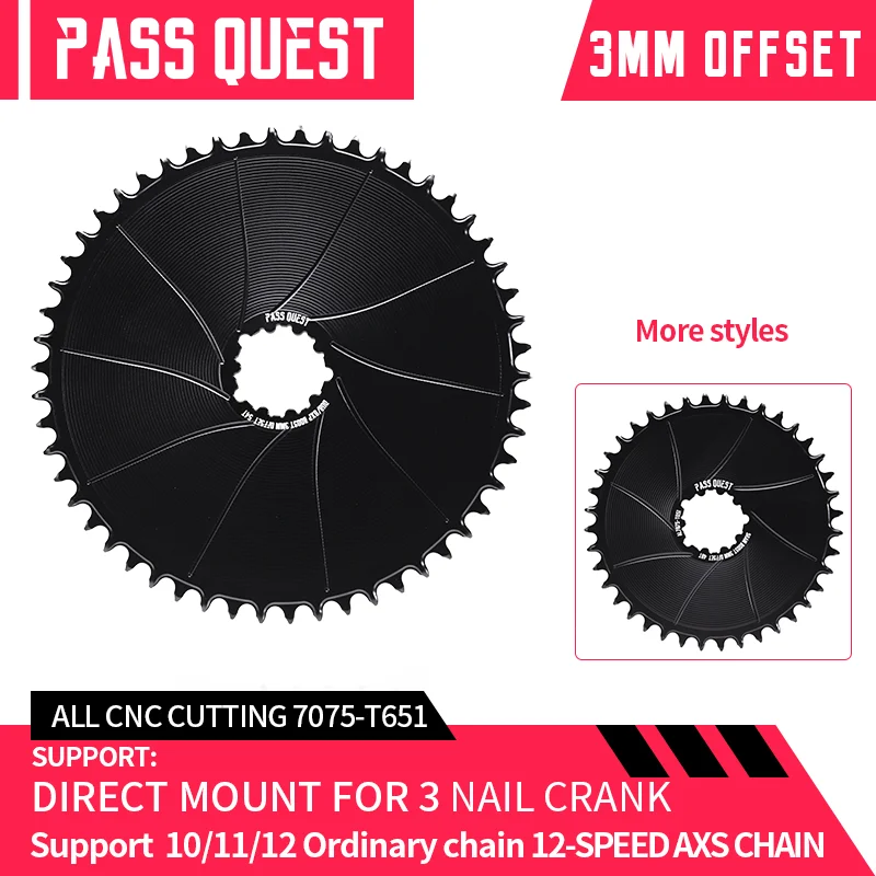 

PASS QUEST-Round Narrow Wide Chainring for GXP, Direct Mount Crank, Gravel Bike, XX, GX, AXS, 12 Speed Chain, 36-54T, 3mm Offest