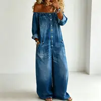 Women Off Shoulder Denim Jumpsuit 3/4 Roll Sleeve Button Front Wide Leg Jean Overalls Loose Fit Multi Pocket Casual Streetwear 2026 Summer Trendy Vacation Outfit - Image 3