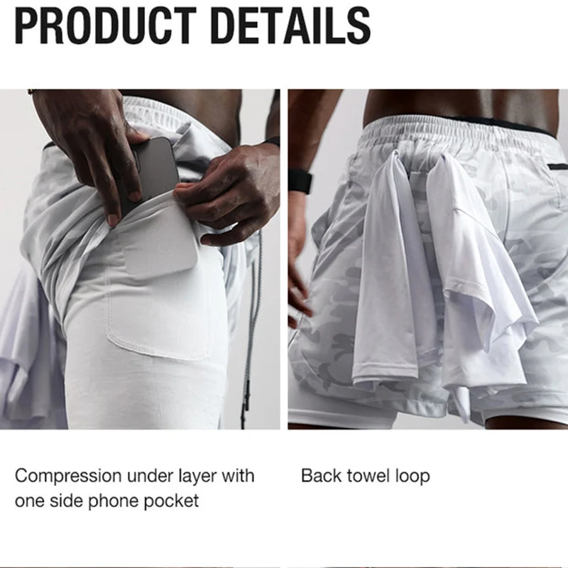 Mens 2 in 1 Running Shorts Print Performance Shorts Gym Workout Quick Dry Athletic Shorts with Phone Pockets and Towel Loop