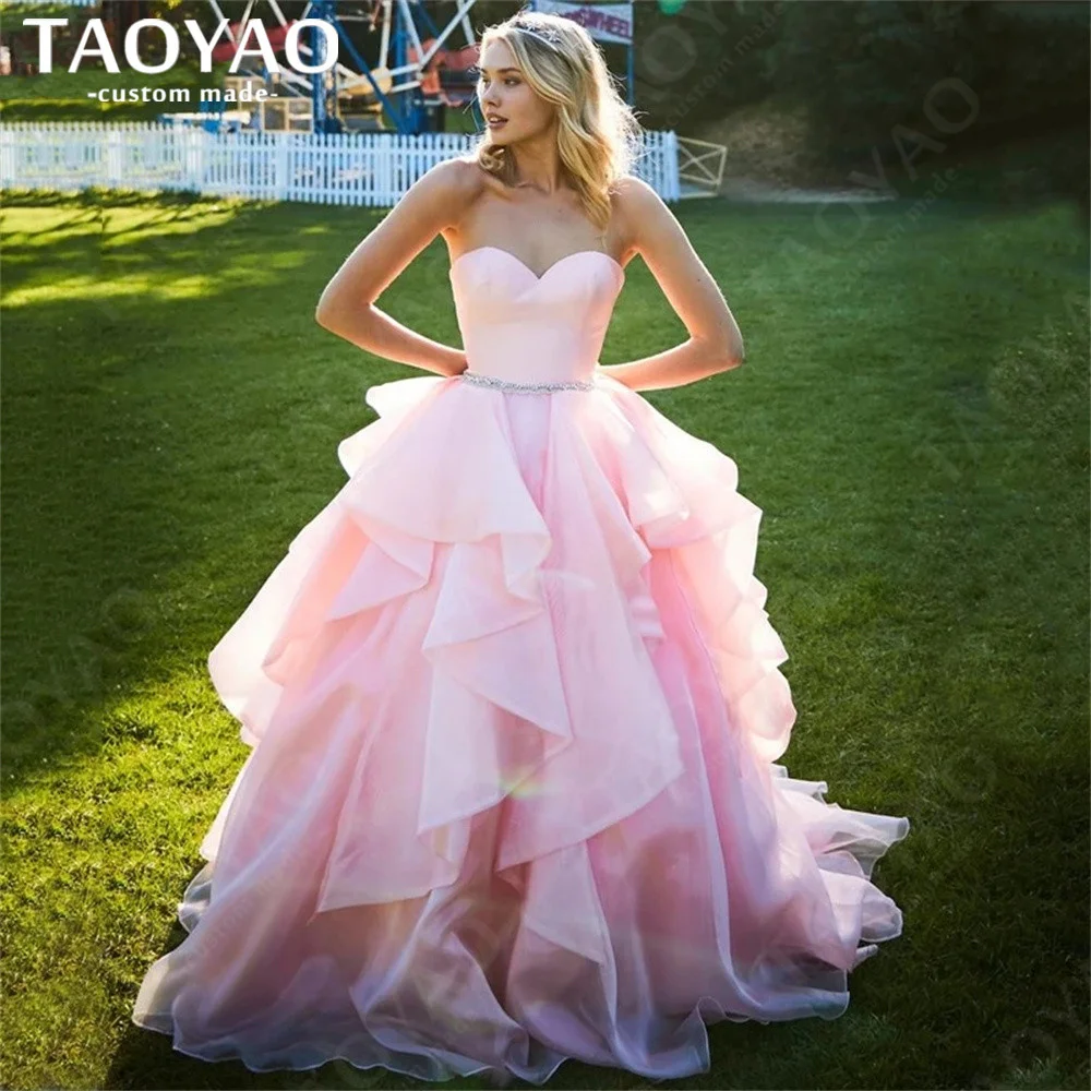 

New Beauteous Strapless Long Evening Dresses A Line Tiered Prom Dresses For Women Party Beading Backless Popular Robe De Soriee