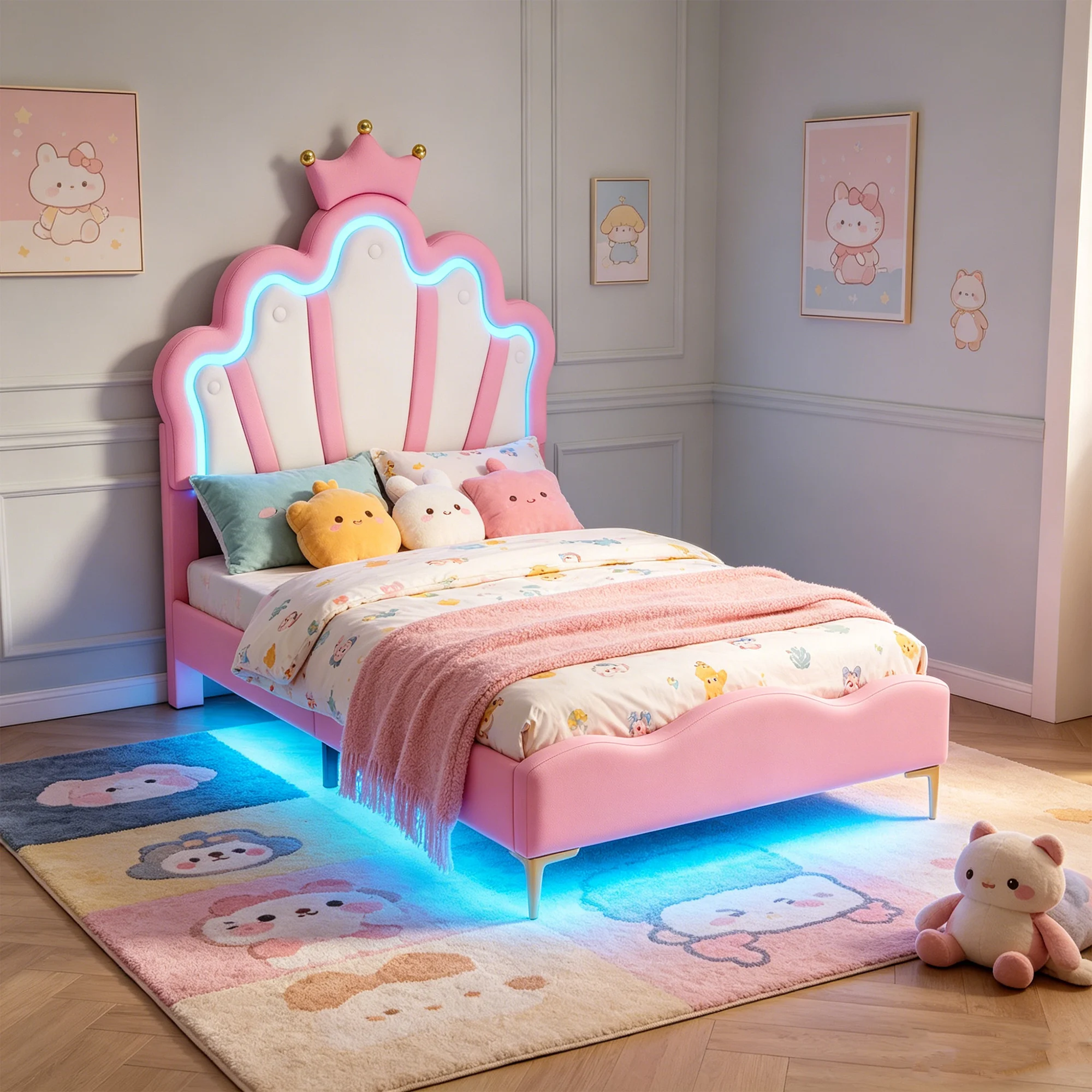 Lit princesse Superaly 90x190cm, lit pour enfants, lit LED en similicuir PU, lit simple pour filles, adolescents, lit rembourré avec tête de lit réglable en forme de couronne, rose