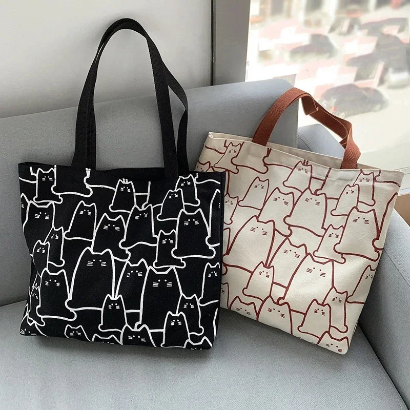 Torby płócienne Torebka dla kobiet Shopper Cute Cat Tote Bag z zamkiem błyskawicznym Designerska torba w stylu japońskim Cartoon Small Shoulder — zdjęcie 2