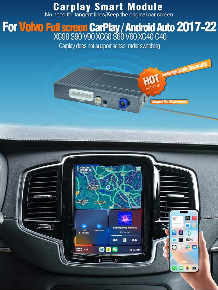 AUTOTOP Dekoder z pełnym ekranem i bezprzewodowym CarPlay do Volvo XC90 XC60 S60 V60 S90 V90, moduł samochodowy z funkcją Mirror Link i GPS — 2