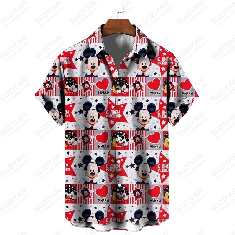 Verão nova disney mickey e minnie impressão dos desenhos animados chinês lapela camisa de manga curta casual doce estilo rua