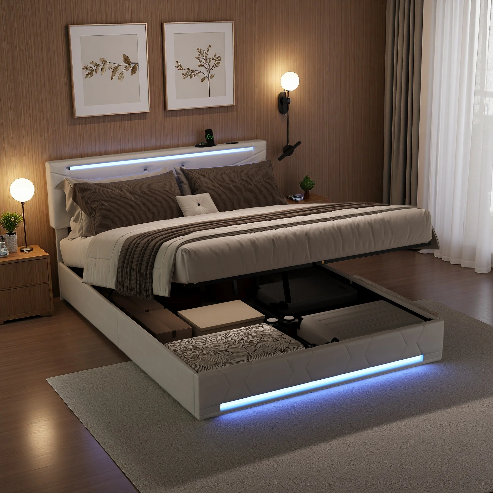 Lit Coffre 140x190 avec Sommier LED et USB,Multiprise et Fonction de Rangement Hydraulique,Tête Réglable en Hauteur,Sans Matelas