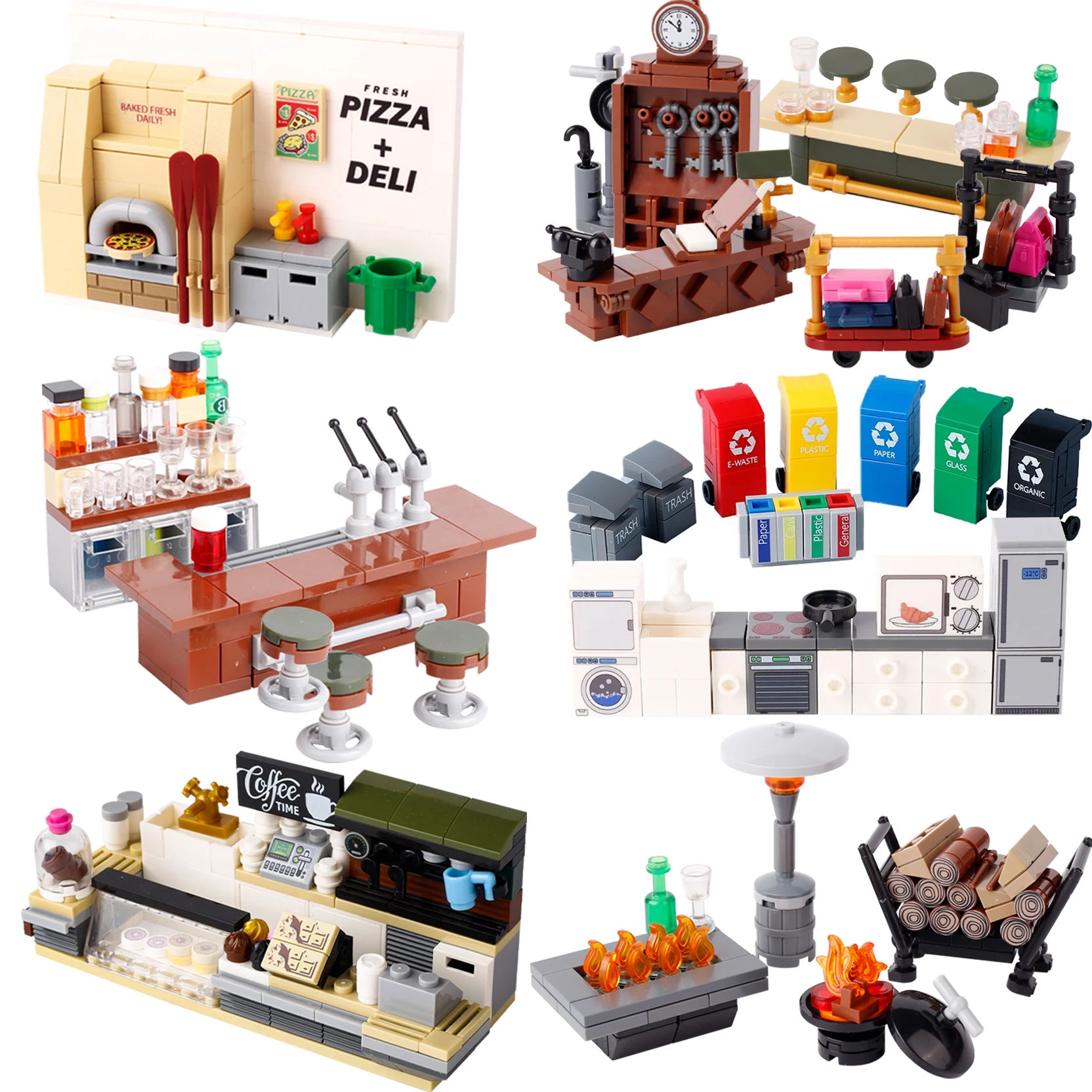 MOC City Bar Counter Building Blocks Kit Liquor Beer Wine Cabinet Hotel Pizza Oven Kitchen Stove Garbage Can Bricks Toys