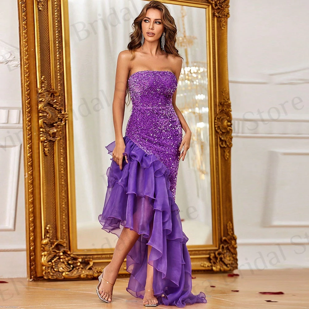 

Gorgeous Ruffles Evening Dresses Asymmetrical Hem Floor Length Strapless Sleeveless Sequins Long Party Gowns Vestido De Fiesta