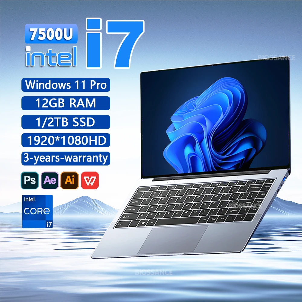 Ordinateur portable Windows 11, 12 Go de RAM, 1 To SSD, Intel Core i7, 7500U, résolution 2025x1920, 1080 ", ordinateur d'étude de bureau, nouveau, 14.1