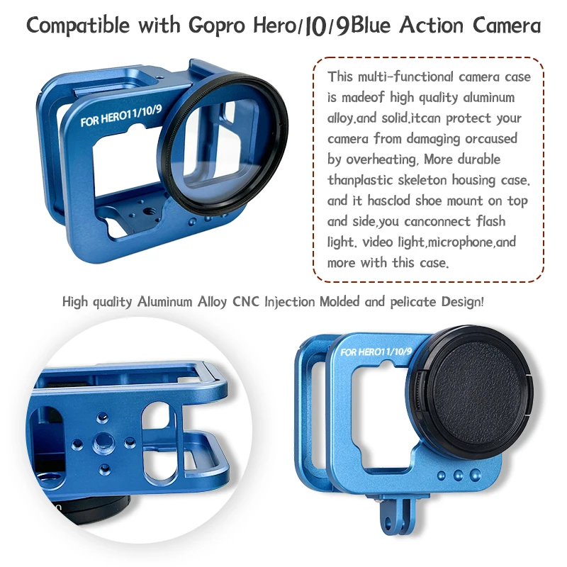 Metal Case for Gopro Hero 11/10/9 Blue,Side Open Wire Connectable Video Cage with 52mm UV Filter, Rock Solid Heat Dissipation