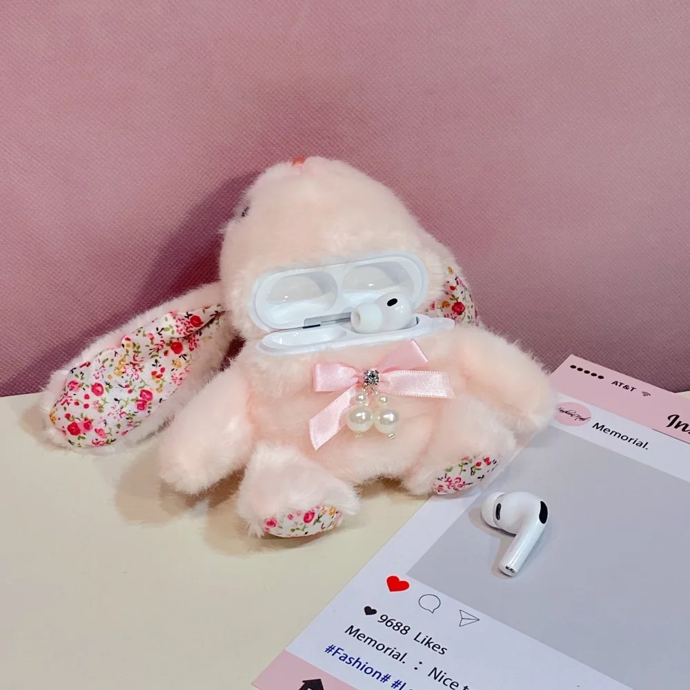 New Fashion Cute Pink Plush Big Ear Rabbit Headphone Case for Apple AirPods 2 3 4 Pro2 Pro3 Protective Case Sweet INS Girls Gift view 5