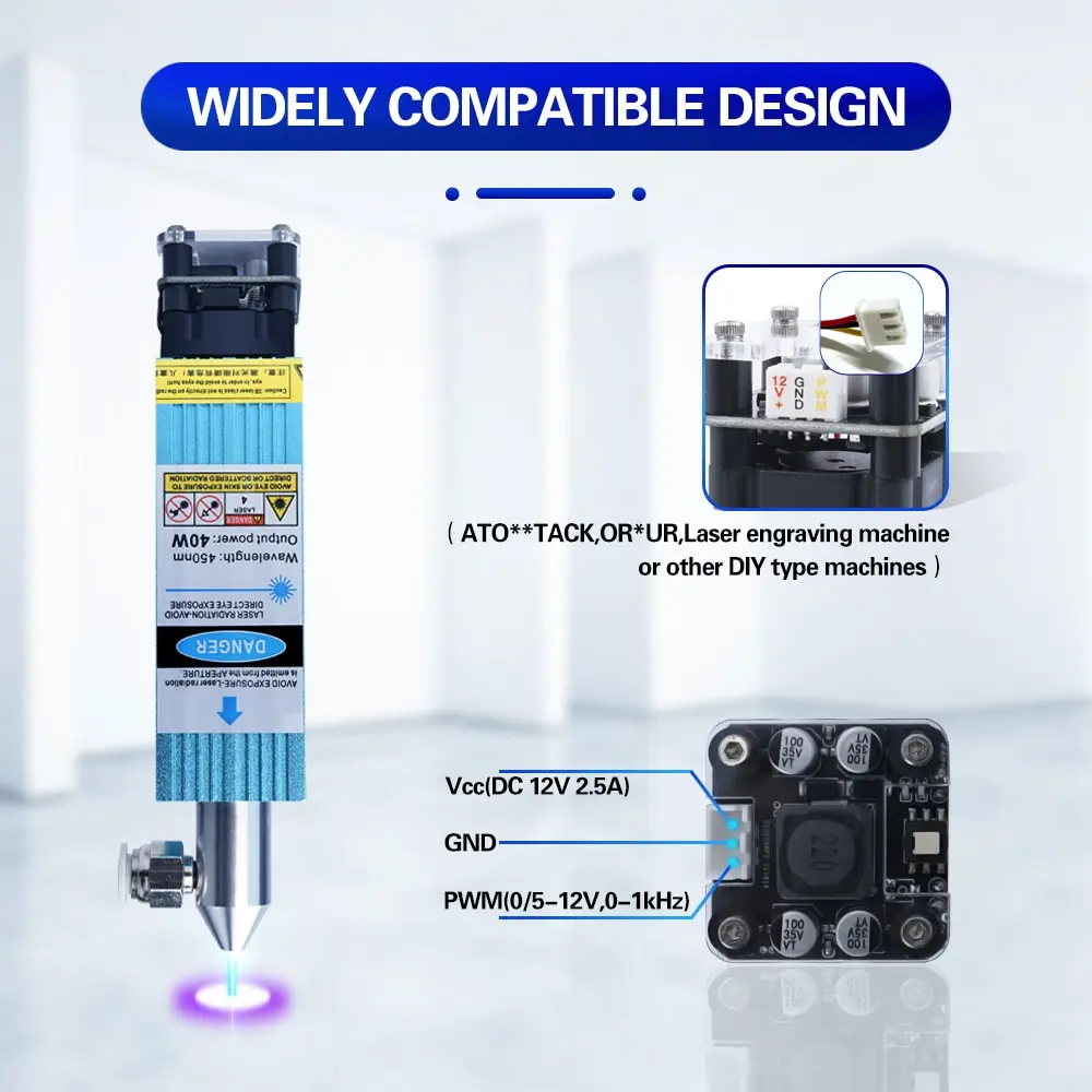 450nm 40W TTL 모듈 조정 가능한 초점 레이저 헤드, CNC 레이저 조각기 커터 목공 도구 및 액세서리 레이저 절단